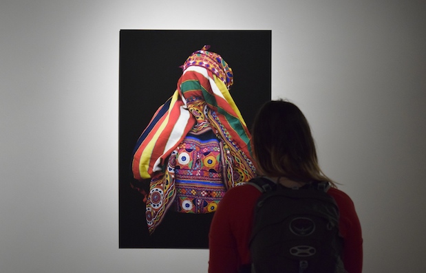 An observer stands in front of a photographic work.
