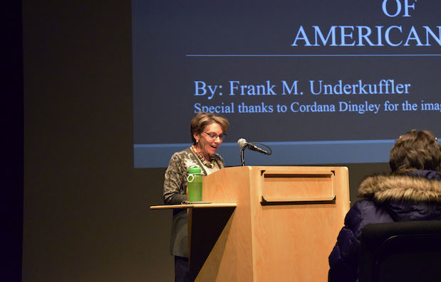 Former UMF President Kate Foster introduces Frank Underkuffler.
