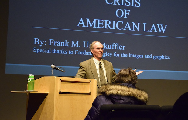 Frank Underkuffler presents his talk in Emery's performance space.