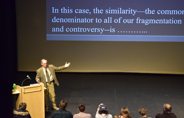 Frank Underkuffler presents his talk in Emery's performance space.