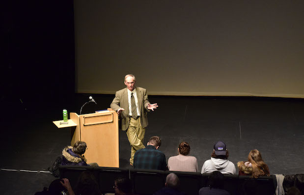 Frank Underkuffler presents his talk in Emery's performance space.