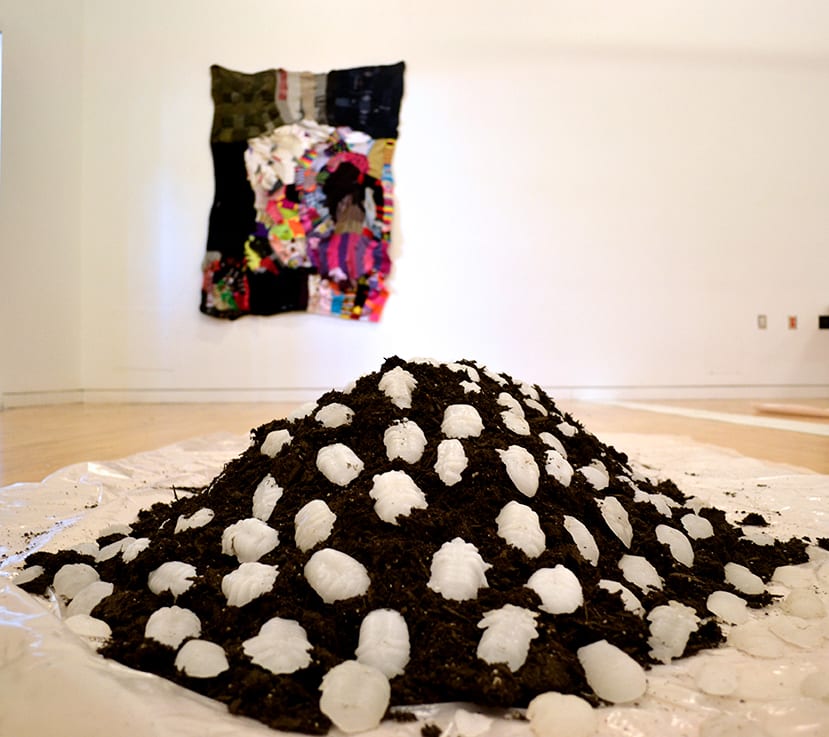 Pile of dirt and cockroaches. Quilt of socks.